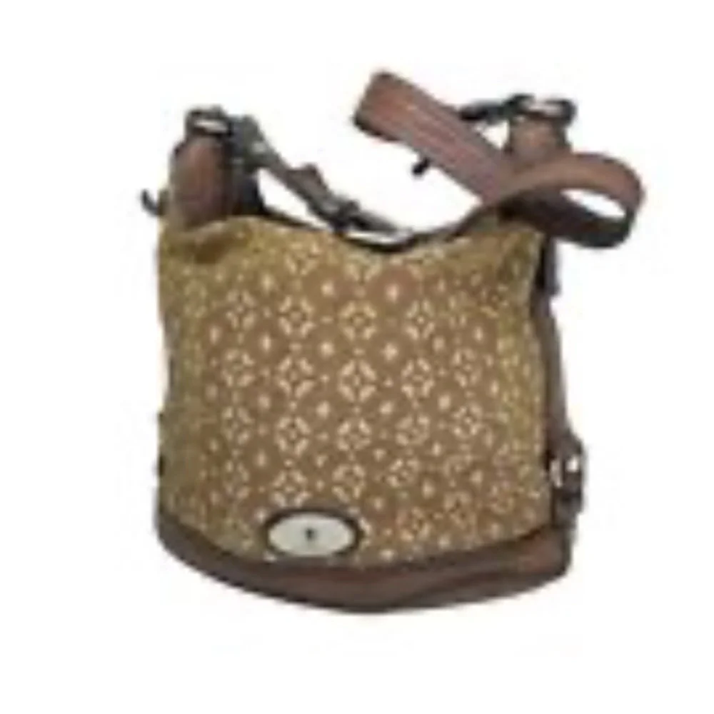 Fossil Maddox Beige metallic Leather Canvas over the shoulder hobo purse